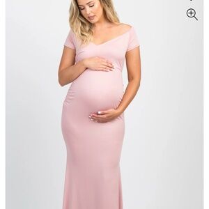 Pink blush off shoulder wrap maternity photo shoot dress